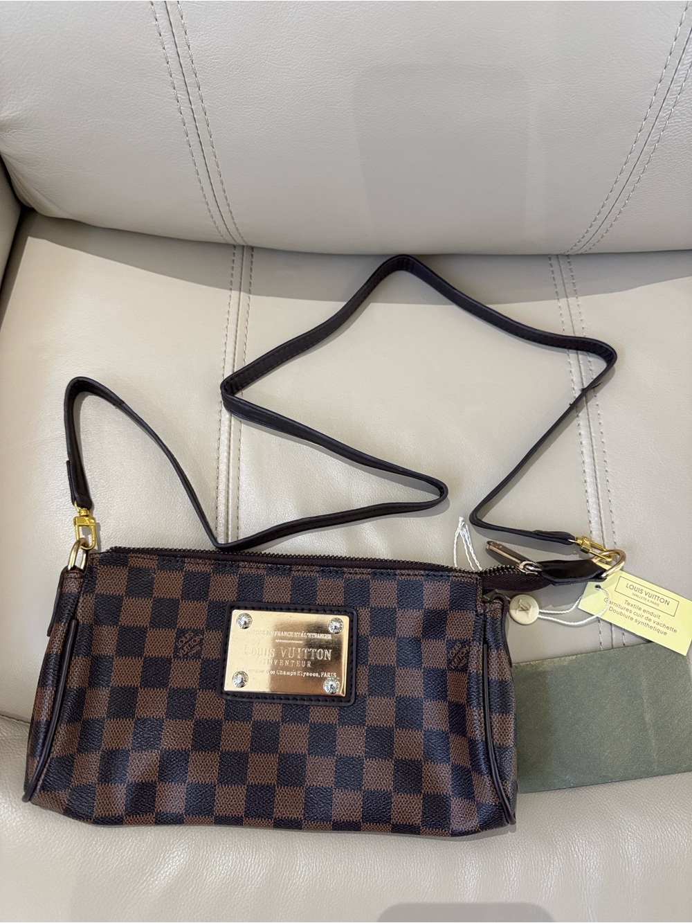 Brown Checkered Crossbody with Gold Plaque